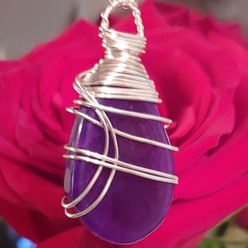 Puple & Silver Handmade Wire-Wrapped Necklace 20"